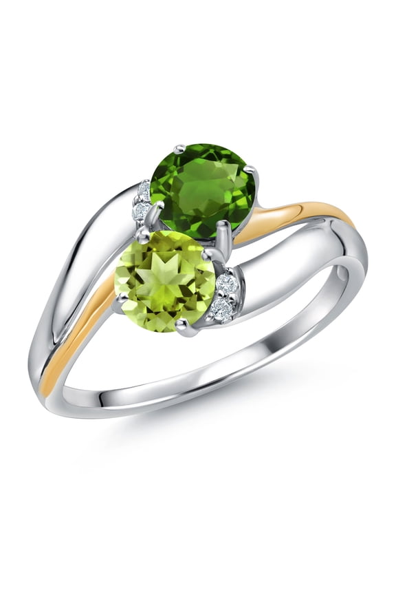 925 Sterling Silver and 10K Yellow Gold Green Peridot Green Chrome Diopside 2 Stone and Lab Grown Diamond Accent Ring for Women (1.08 Cttw, Gemstone August Birthstone, Size 7)