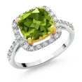 thumbnail image 1 of Gem Stone King 925 Sterling Silver and 10K Yellow Gold Green Peridot and White Lab Grown Diamond Engagement Ring for Women (2.66 Cttw, Cushion Cut 8MM, Available in Size 5, 6, 7, 8, 9), 1 of 4