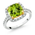 thumbnail image 1 of Gem Stone King 925 Sterling Silver and 10K Yellow Gold Green Peridot and White Lab Grown Diamond Engagement Ring for Women (2.71 Cttw, Cushion Checkerboard Cut 8MM, Available in Size 5, 6, 7, 8, 9), 1 of 4