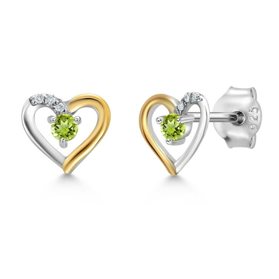 Gem Stone King 925 Sterling Silver and 10K Yellow Gold Green Peridot and White Lab Grown Diamond Heart Shape Earrings for Women (0.16 Cttw, Gemstone August Birthstone, Round 2.5MM)