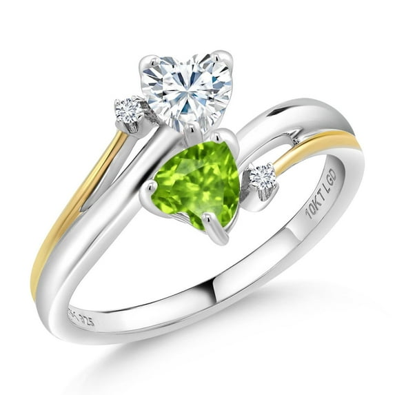 Gem Stone King 925 Sterling Silver and 10K Yellow Gold Green Peridot and White Moissanite 2 Tone Women Ring (0.94 Cttw, Heart Shape 5MM, Gemstone Birthstone, Available in Size 5, 6, 7, 8, 9)