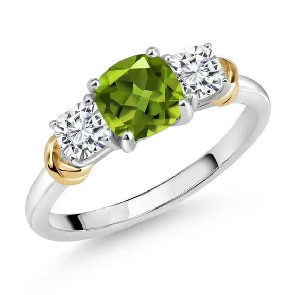 Gem Stone King 925 Sterling Silver and 10K Yellow Gold Green Peridot and White Moissanite 3 Stone Engagement Ring for Women (1.49 Cttw, Cushion Cut 6MM and 4MM, Available in Size 5, 6, 7, 8, 9)