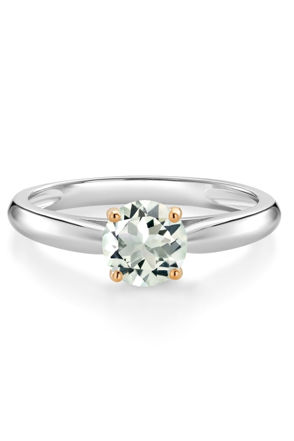 925 Sterling Silver with 10K Yellow Gold Green Prasiolite Solitaire Engagement Ring for Women (0.80 Cttw, Gemstone Birthstone, Round 6MM, Available in Size 5, 6, 7, 8, 9)