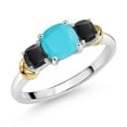 thumbnail image 1 of Gem Stone King 925 Sterling Silver and 10K Yellow Gold Green Turquoise and Black Onyx 3 Stone Engagement Ring for Women (1.46 Cttw, Cushion Cut 6MM and 4MM, Available in Size 5, 6, 7, 8, 9), 1 of 4