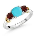 thumbnail image 1 of Gem Stone King 925 Sterling Silver and 10K Yellow Gold Green Turquoise and Red Garnet 3 Stone Engagement Ring for Women (1.75 Cttw, Cushion Cut 6MM and 4MM, Available in Size 5, 6, 7, 8, 9), 1 of 4