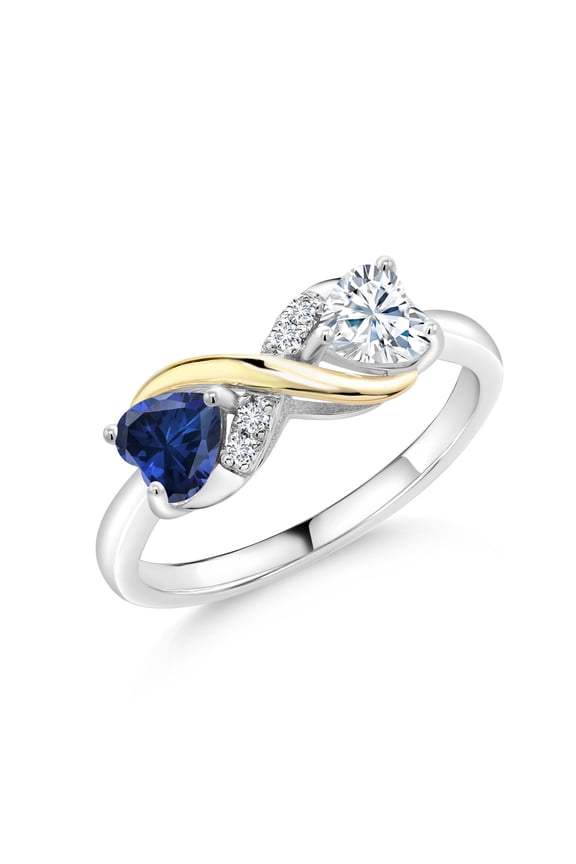 925 Sterling Silver and 10K Yellow Gold Heart Shape Blue Created Sapphire and Moissanite Ring for Women (1.04 Cttw, Available in Size 5, 6, 7, 8, 9)