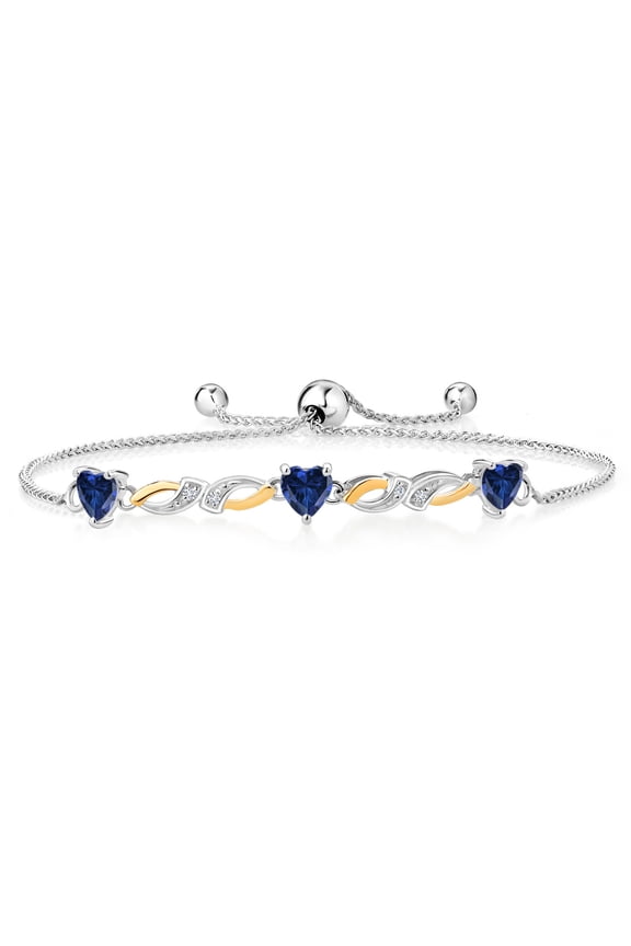 925 Sterling Silver and 10K Yellow Gold Heart Shape Blue Created Sapphire and White Lab Grown Diamond Tennis Bracelet for Women (1.53 Cttw, Fully Adjustable up to 9 inch)