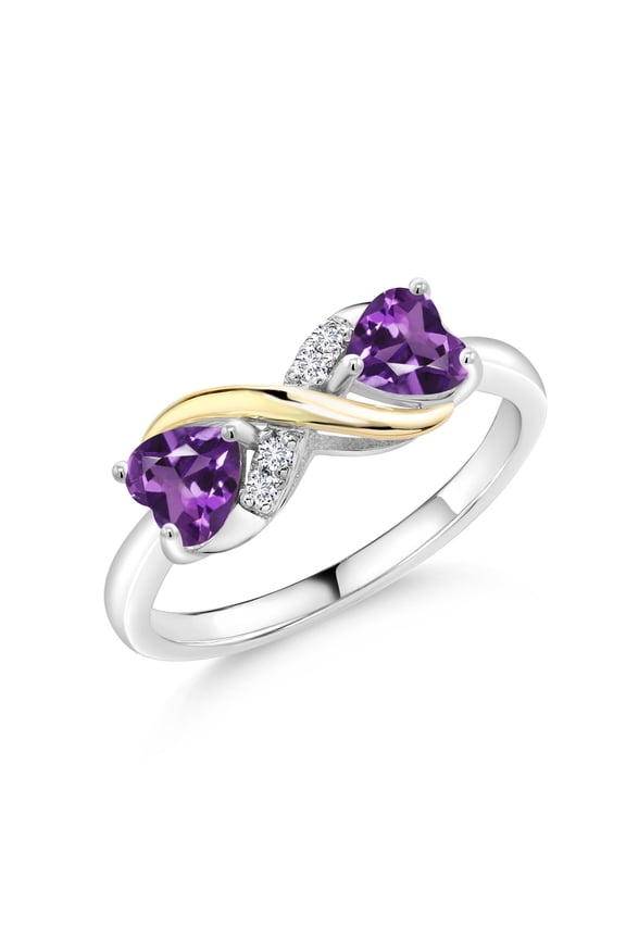 925 Sterling Silver and 10K Yellow Gold Heart Shape Purple Amethyst and White Lab Grown Diamond Women Ring (0.88 Cttw, Gemstone Birthstone, Available in Size 5, 6, 7, 8, 9)