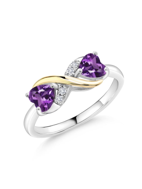 925 Sterling Silver and 10K Yellow Gold Heart Shape Purple Amethyst and White Lab Grown Diamond Women Ring (0.88 Cttw, Gemstone Birthstone, Available in Size 5, 6, 7, 8, 9)