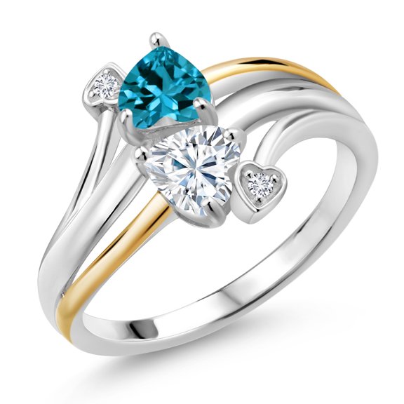 Gem Stone King 925 Sterling Silver and 10K Yellow Gold London Blue Topaz White Moissanite and Lab Grown Diamond 2 Heart Promise Engagement Mother Ring (1.07 Cttw, Size 9)