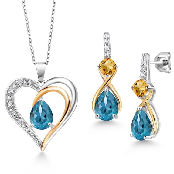 Gem Stone King 925 Sterling Silver and 10K Yellow Gold London Blue Topaz Yellow Citrine and White Lab Grown Diamond Pendant Necklace Earrings Set for Women (4.93 Cttw, with 18 inch Chain)
