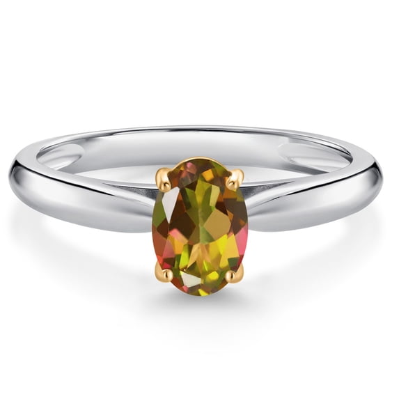 Gem Stone King 925 Sterling Silver and 10K Yellow Gold Mango Mystic Topaz Solitaire Engagement Ring for Women (1.20 Cttw, Oval 7X5MM, Gemstone Birthstone, Size 8)