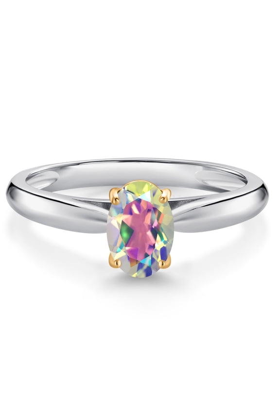 925 Sterling Silver and 10K Yellow Gold Mercury Mist Mystic Topaz Solitaire Engagement Ring for Women (1.00 Cttw, Oval 7X5MM, Gemstone Birthstone, Size 6)