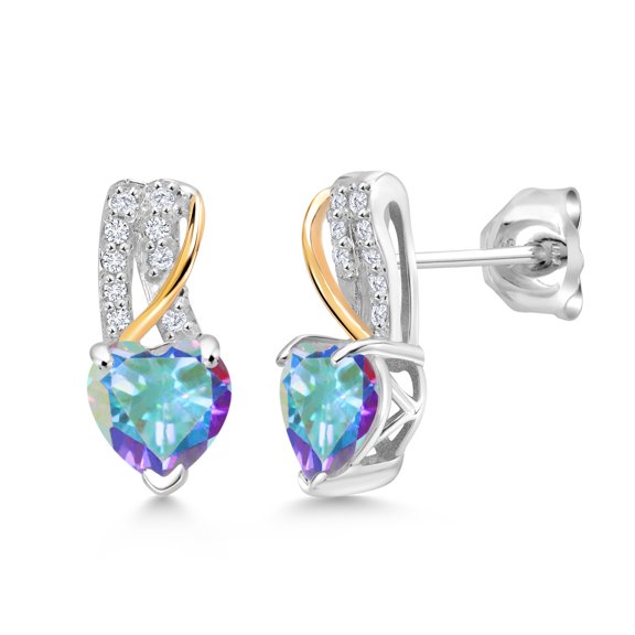 Gem Stone King 925 Sterling Silver and 10K Yellow Gold Mercury Mist Mystic Topaz and White Lab Grown Diamond Heart Shape Earrings for Women (2.09 Cttw, Gemstone November Birthstone, Heart Shape 6MM)