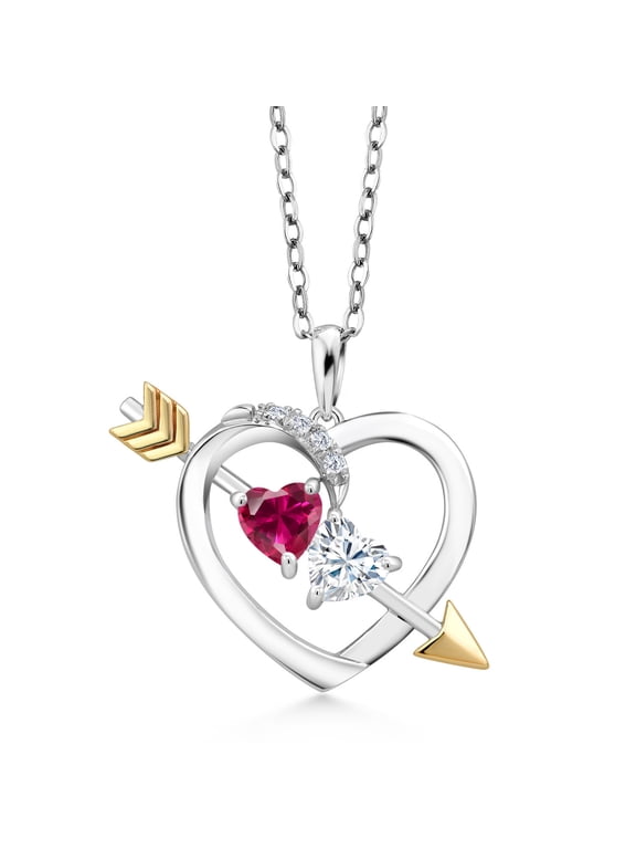 925 Sterling Silver and 10K Yellow Gold Moissanite and Red Created Ruby Pendant Necklace for Women (1.14 Cttw, Heart Shape 5MM with 18 inch Chain)