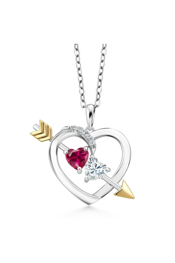 925 Sterling Silver and 10K Yellow Gold Moissanite and Red Created Ruby Pendant Necklace for Women (1.14 Cttw, Heart Shape 5MM with 18 inch Chain)