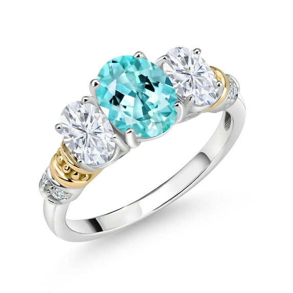 Gem Stone King 925 Sterling Silver and 10K Yellow Gold Oval Blue Apatite White Moissanite and White Diamond 3 Stone Ring for Women (2.23 Cttw, Gemstone Birthstone, Size 9)