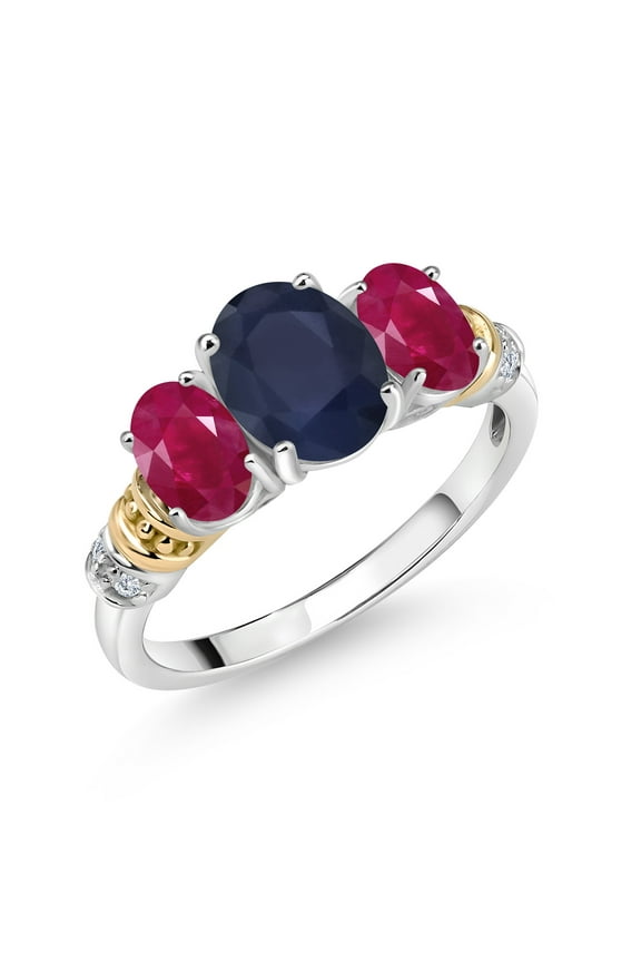 925 Sterling Silver and 10K Yellow Gold Oval Blue Sapphire Red Ruby and White Diamond 3 Stone Ring for Women (3.03 Cttw, Gemstone September Birthstone, Size 5)