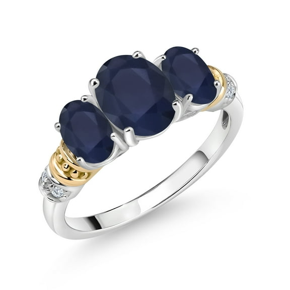Gem Stone King 2.94 Cttw Oval Blue Sapphire and White Diamond 3-Stone Ring for Women | 925 Silver and 10K Yellow Gold | Gemstone Birthstone | Wedding Engagement Anniversary Ring for Women | Size 8