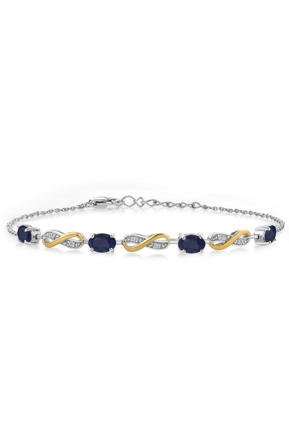 925 Sterling Silver and 10K Yellow Gold Oval Blue Sapphire and White Lab Grown Diamond Infinity Tennis Bracelet for Women (2.27 Cttw , Fully Adjustable up to 7.5 inch)