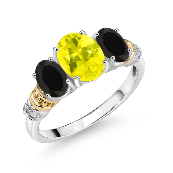 Gem Stone King 925 Sterling Silver and 10K Yellow Gold Oval Canary Mystic Topaz Black Onyx and White Diamond 3 Stone Ring for Women (2.39 Cttw, Gemstone Birthstone, Size 8)