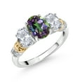 thumbnail image 1 of Gem Stone King 925 Sterling Silver and 10K Yellow Gold Oval Green Mystic Topaz White Topaz and White Diamond 3 Stone Ring for Women (2.80 Cttw, Gemstone Birthstone, Size 6), 1 of 3