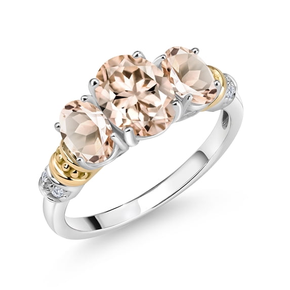Gem Stone King 925 Sterling Silver and 10K Yellow Gold Oval Peach Morganite and White Diamond 3 Stone Ring for Women (2.03 Cttw, Gemstone October Birthstone, Size 5)