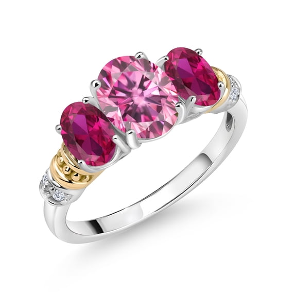 Gem Stone King 925 Sterling Silver and 10K Yellow Gold Oval Pink Moissanite Red Created Ruby and White Diamond 3 Stone Ring for Women (2.41 Cttw, Gemstone Birthstone, Available in Size 5, 6, 7, 8, 9)