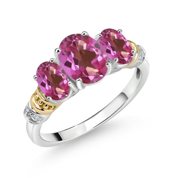 Gem Stone King 925 Sterling Silver and 10K Yellow Gold Oval Pink Mystic Topaz and White Diamond 3 Stone Ring for Women (2.33 Cttw, Gemstone Birthstone, Size 7)