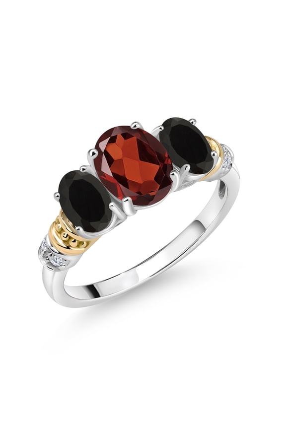 925 Sterling Silver and 10K Yellow Gold Oval Red Garnet Black Onyx and White Diamond 3 Stone Ring for Women (2.33 Cttw, Gemstone January Birthstone, Size 5)