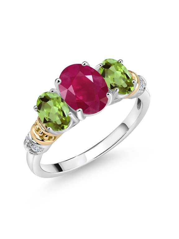 925 Sterling Silver and 10K Yellow Gold Oval Red Ruby Green Peridot and White Diamond 3 Stone Ring for Women (2.63 Cttw, Gemstone July Birthstone, Size 5)