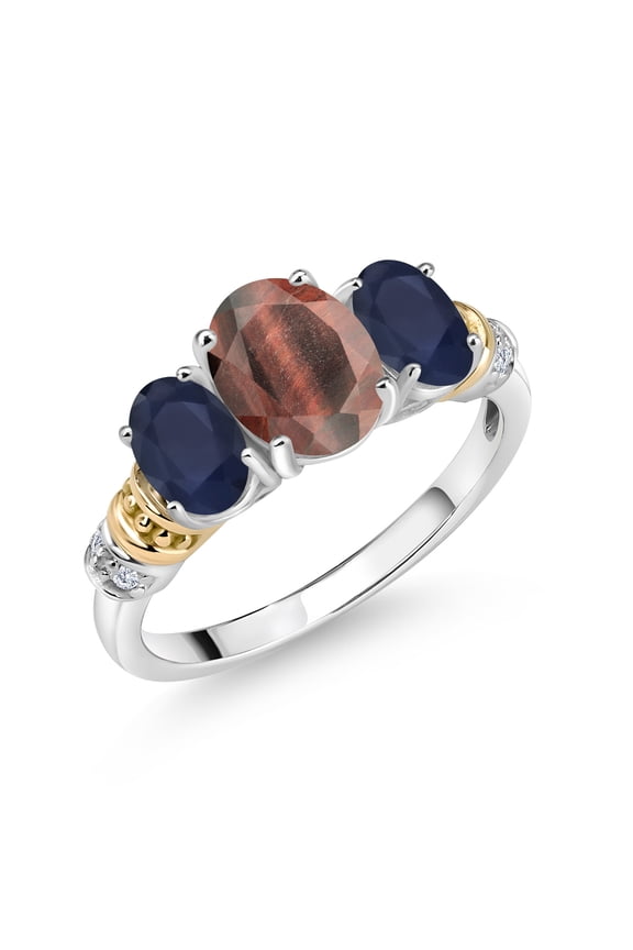 925 Sterling Silver and 10K Yellow Gold Oval Red Tiger Eye Blue Sapphire and White Diamond 3 Stone Ring for Women (2.39 Cttw, Gemstone Birthstone, Size 8)