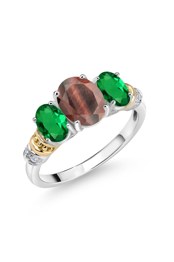 925 Sterling Silver and 10K Yellow Gold Oval Red Tiger Eye Green Nano Emerald and White Diamond 3 Stone Ring for Women (2.08 Cttw, Gemstone Birthstone, Size 9)