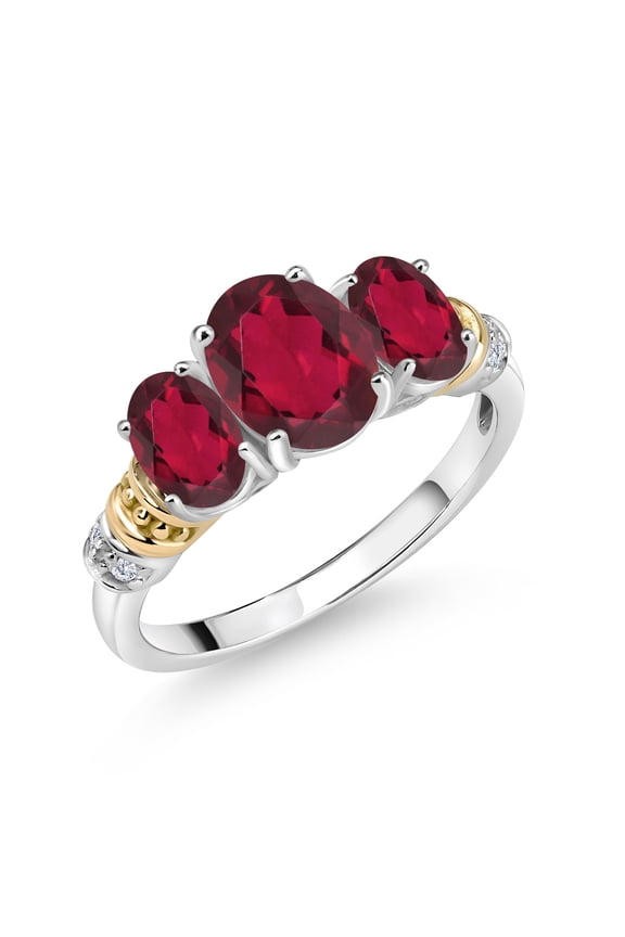 925 Sterling Silver and 10K Yellow Gold Oval Ruby Red Mystic Topaz and White Diamond 3 Stone Ring for Women (2.33 Cttw, Gemstone Birthstone, Size 5)
