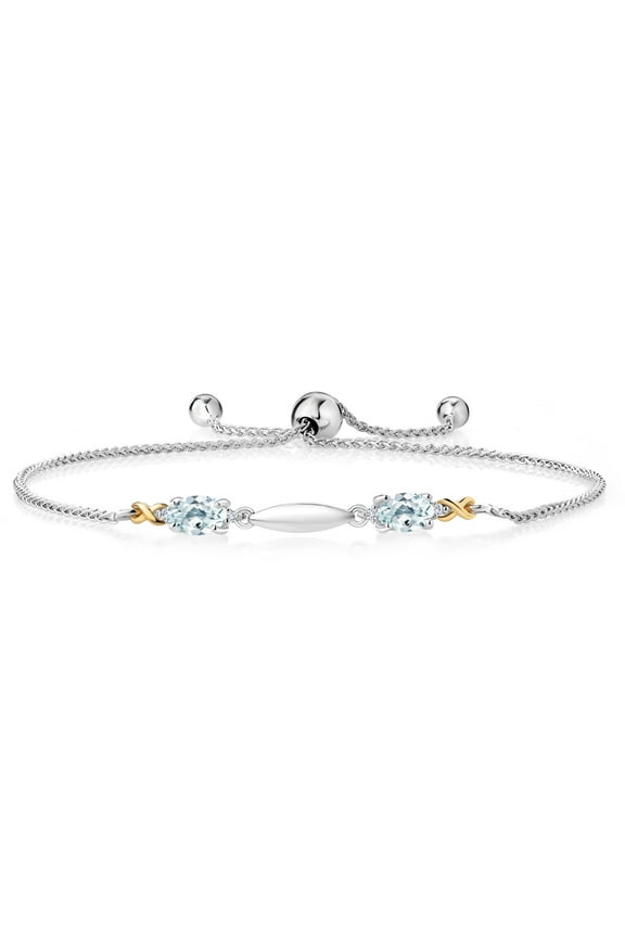 925 Sterling Silver and 10K Yellow Gold Oval Sky Blue Aquamarine and White Lab Grown Diamond Tennis Bracelet for Women (1.04 Cttw, Gemstone Birthstone, Fully Adjustable up to 9 inch)