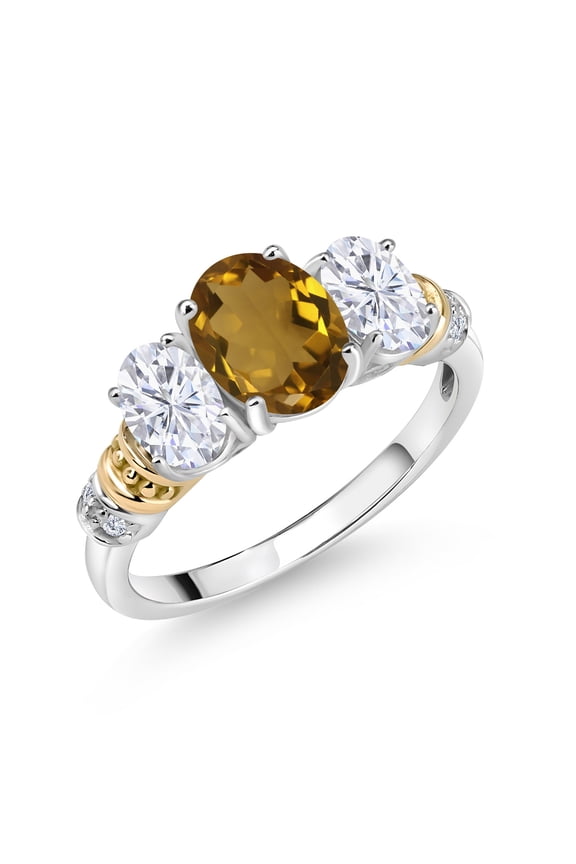 925 Sterling Silver and 10K Yellow Gold Oval Whiskey Quartz White Moissanite and White Diamond 3 Stone Ring for Women (2.03 Cttw, Gemstone Birthstone, Size 8)