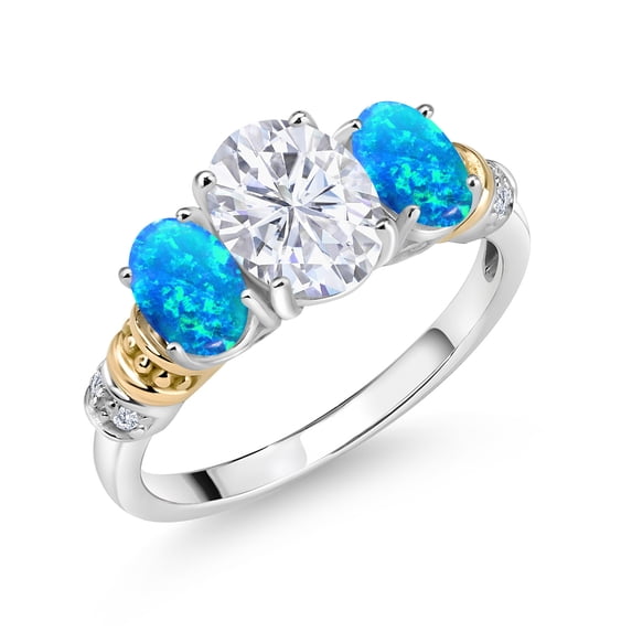 Gem Stone King 925 Sterling Silver and 10K Yellow Gold Oval White Moissanite Blue Opal and White Diamond 3 Stone Ring for Women (2.53 Cttw, Gemstone Birthstone, Size 7)