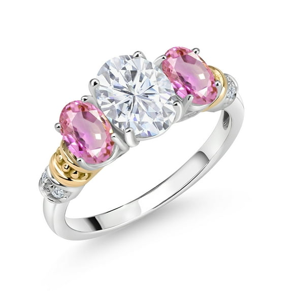 Gem Stone King 925 Sterling Silver and 10K Yellow Gold Oval White Moissanite Pink Sapphire and White Diamond 3 Stone Ring for Women (2.73 Cttw, Gemstone Birthstone, Size 5)