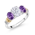 thumbnail image 1 of Gem Stone King 925 Sterling Silver and 10K Yellow Gold Oval White Moissanite Purple Amethyst and White Diamond 3 Stone Ring for Women (2.43 Cttw, Gemstone Birthstone, Size 8), 1 of 3