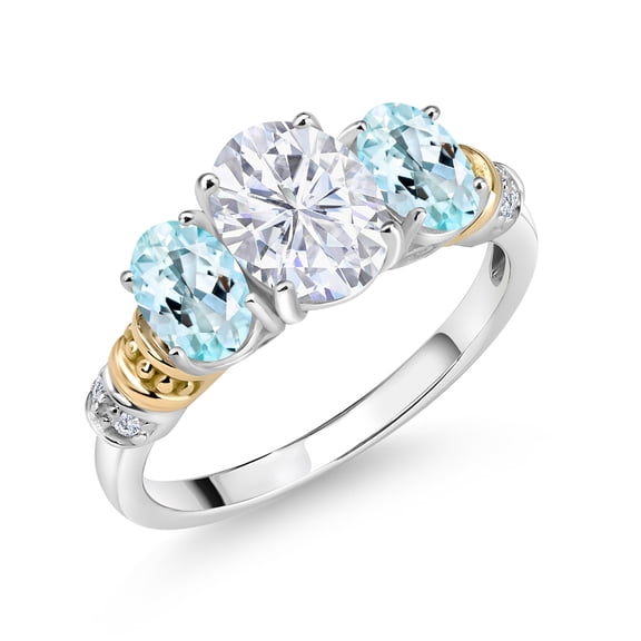 Gem Stone King 925 Sterling Silver and 10K Yellow Gold Oval White Moissanite Sky Blue Topaz and White Diamond 3 Stone Ring for Women (2.53 Cttw, Gemstone Birthstone, Size 6)