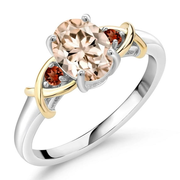 Gem Stone King 925 Sterling Silver and 10K Yellow Gold Peach Morganite Red Garnet Ring for Women (1.10 Cttw, Gemstone Birthstone, Size 6)