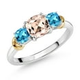 thumbnail image 1 of Gem Stone King 925 Sterling Silver and 10K Yellow Gold Peach Morganite and Swiss Blue Topaz 3 Stone Engagement Ring for Women (1.54 Cttw, Cushion Cut 6MM and 4MM, Available in Size 5, 6, 7, 8, 9), 1 of 4