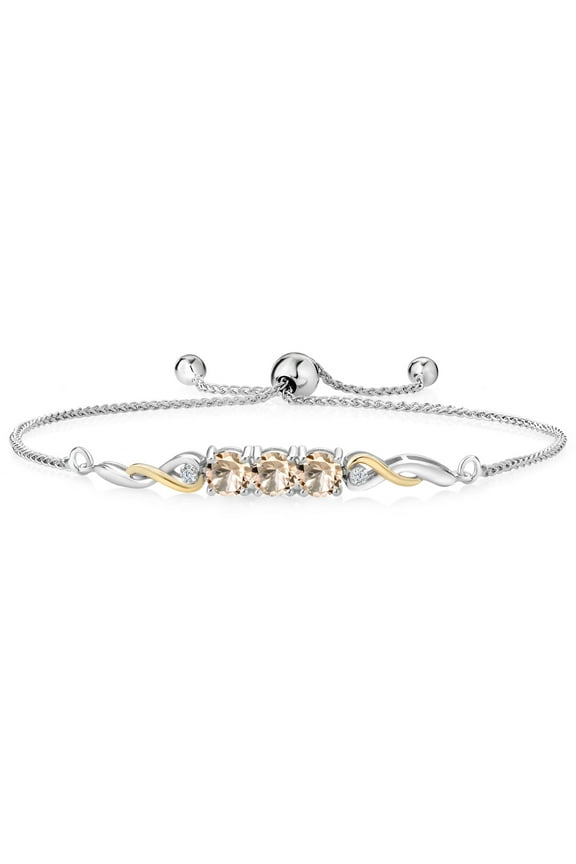 925 Sterling Silver and 10K Yellow Gold Peach Morganite and White Lab Grown Diamond Tennis Bracelet for Women (1.22 Cttw, Gemstone October Birthstone, Fully Adjustable up to 9 inch)