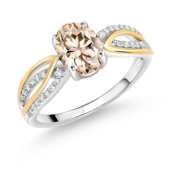 Gem Stone King 925 Sterling Silver and 10K Yellow Gold Peach Morganite and White Lab Grown Diamond Women Engagement Ring (1.14 Cttw, Available in Size 5, 6, 7, 8, 9)