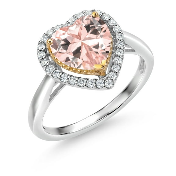 Gem Stone King 925 Sterling Silver and 10K Yellow Gold Peach Nano Morganite and Lab Grown Diamond Engagement Ring for Women (2.16 Cttw, Heart Shape 8MM, Size 5)