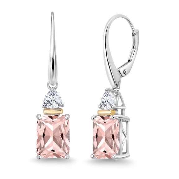 Gem Stone King 925 Sterling Silver and 10K Yellow Gold Peach Nano Morganite and White Moissanite Dangle Earrings for Women (4.46 Cttw, Octagon Cut 9X7MM, Trillion 4MM)