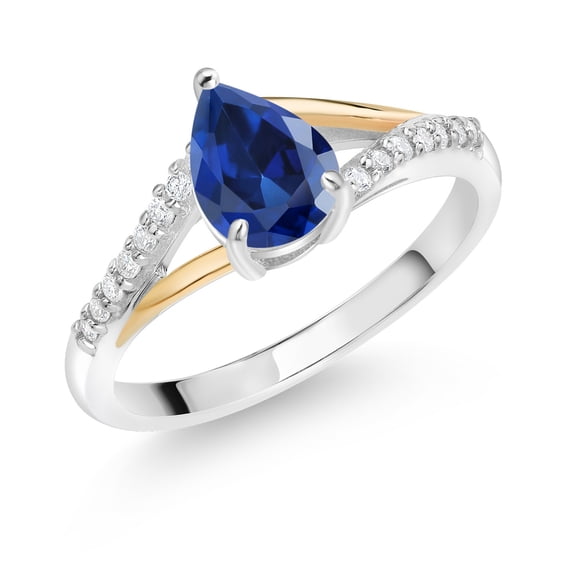 Gem Stone King 925 Sterling Silver and 10K Yellow Gold Pear Shape Blue Created Sapphire and White Lab Grown Diamond Engagement Ring for Women (2.11 Cttw, Available in Size 5, 6, 7, 8, 9)