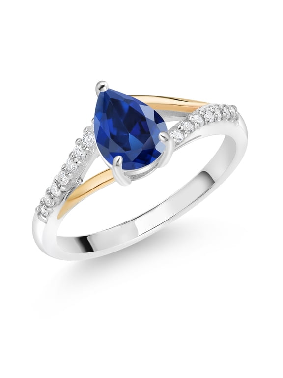 925 Sterling Silver and 10K Yellow Gold Pear Shape Blue Created Sapphire and White Lab Grown Diamond Engagement Ring for Women (2.11 Cttw, Available in Size 5, 6, 7, 8, 9)