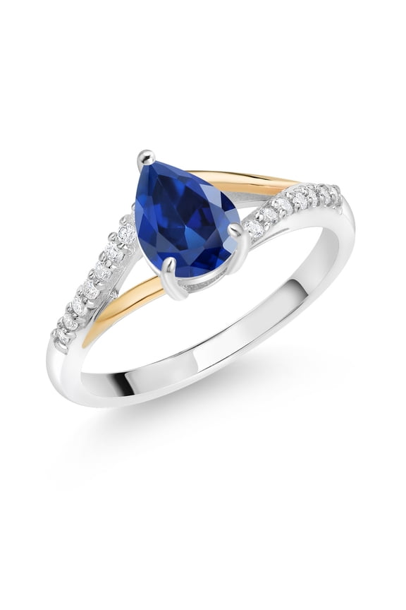 925 Sterling Silver and 10K Yellow Gold Pear Shape Blue Created Sapphire and White Lab Grown Diamond Engagement Ring for Women (2.11 Cttw, Available in Size 5, 6, 7, 8, 9)