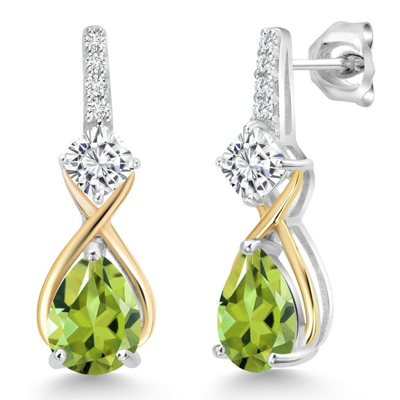 Gem Stone King 925 Sterling Silver and 10K Yellow Gold Pear Shape Green Peridot White Moissanite and White Lab Grown Diamond Dangle Earrings for Women (2.88 Cttw, Pear Shape 8X6MM)